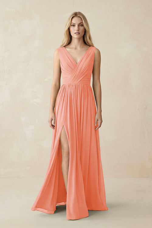 V-Neck Chiffon Pleated A-Line Bridesmaid Dress in Rosette - SHE IS ME BRIDESMAID DRESSES