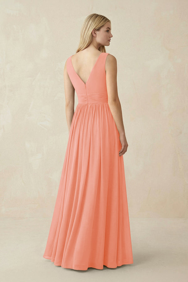 V-Neck Chiffon Pleated A-Line Bridesmaid Dress in Rosette - SHE IS ME BRIDESMAID DRESSES