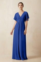 Short Sleeve V-Neck Chiffon A-Line Bridesmaid Dress in Royal Blue - KISS BRIDAL BRIDESMAID DRESSES