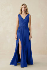 V-Neck Chiffon Pleated A-Line Bridesmaid Dress in Royal Blue - KISS BRIDAL BRIDESMAID DRESSES