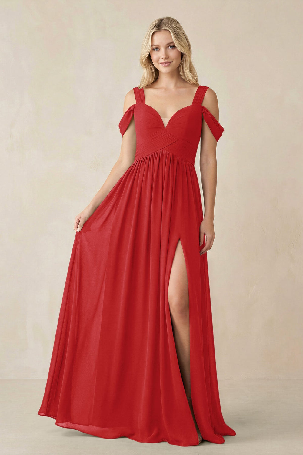 Chiffon A-Line Bridesmaid Dress with Slit  in Ruby Red - KISS BRIDAL BRIDESMAID DRESSES