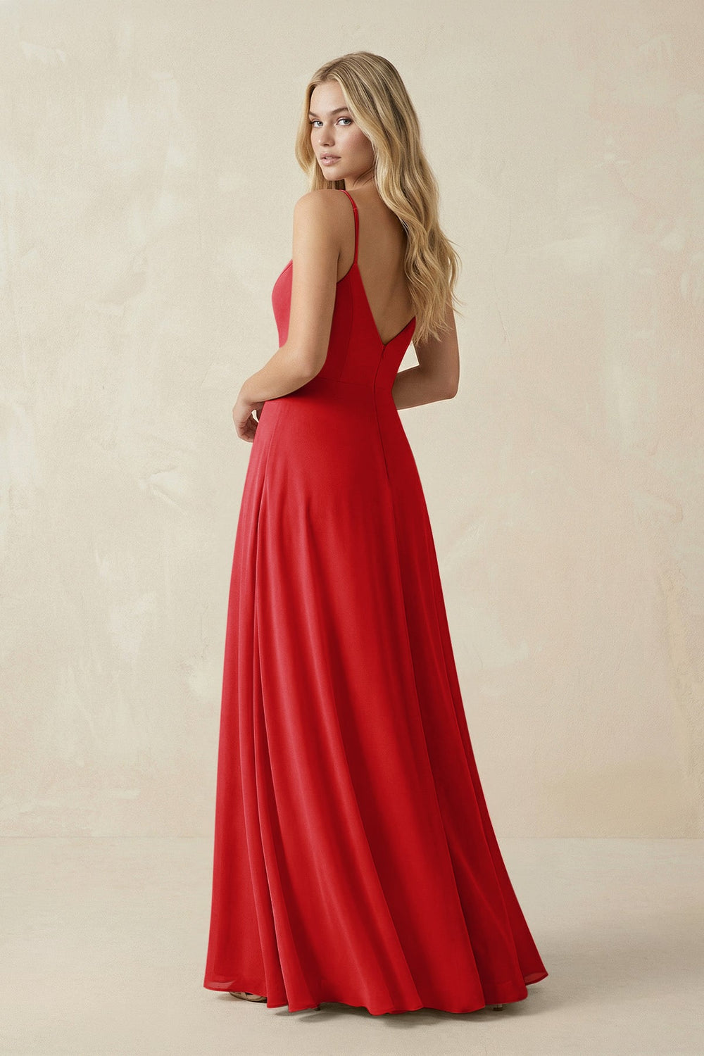 Cami Strap A-Line Chiffon Bridesmaid Dress with Slit in Ruby Red - KISS BRIDAL BRIDESMAID DRESSES