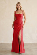 Cami Strap Chiffon Sheath Bridesmaid Dress with Slit in Ruby Red - SHE IS ME BRIDESMAID DRESSES