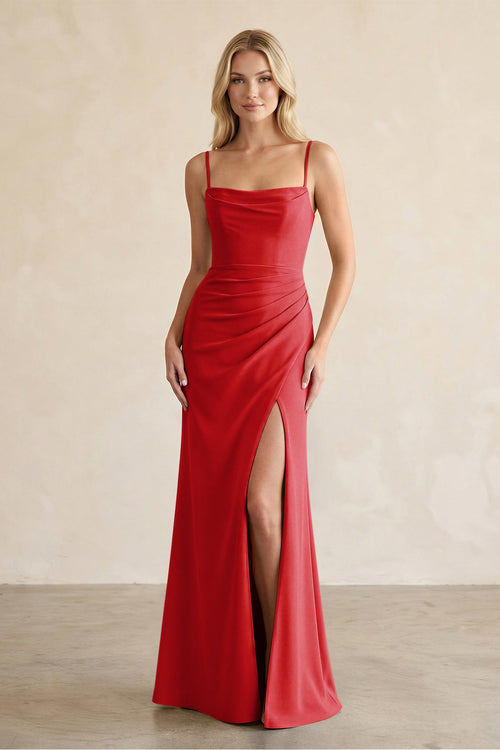 Cami Strap Chiffon Sheath Bridesmaid Dress with Slit in Ruby Red - SHE IS ME BRIDESMAID DRESSES