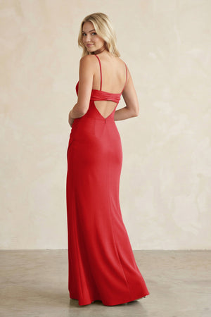 Cami Strap Chiffon Sheath Bridesmaid Dress with Slit in Ruby Red - SHE IS ME BRIDESMAID DRESSES