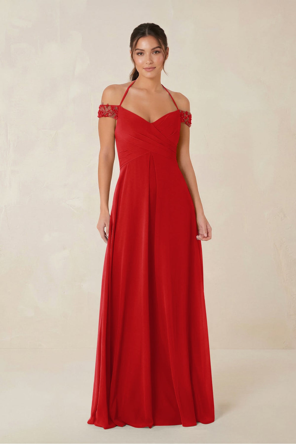 A-Line Off-the-Shoulder Chiffon Bridesmaid Dress in Ruby Red - KISS BRIDAL BRIDESMAID DRESSES