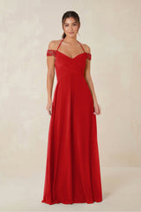 A-Line Off-the-Shoulder Chiffon Bridesmaid Dress in Ruby Red - KISS BRIDAL BRIDESMAID DRESSES