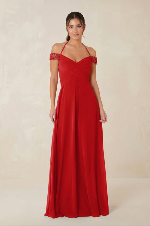 A-Line Off-the-Shoulder Chiffon Bridesmaid Dress in Ruby Red - SHE IS ME BRIDESMAID DRESSES