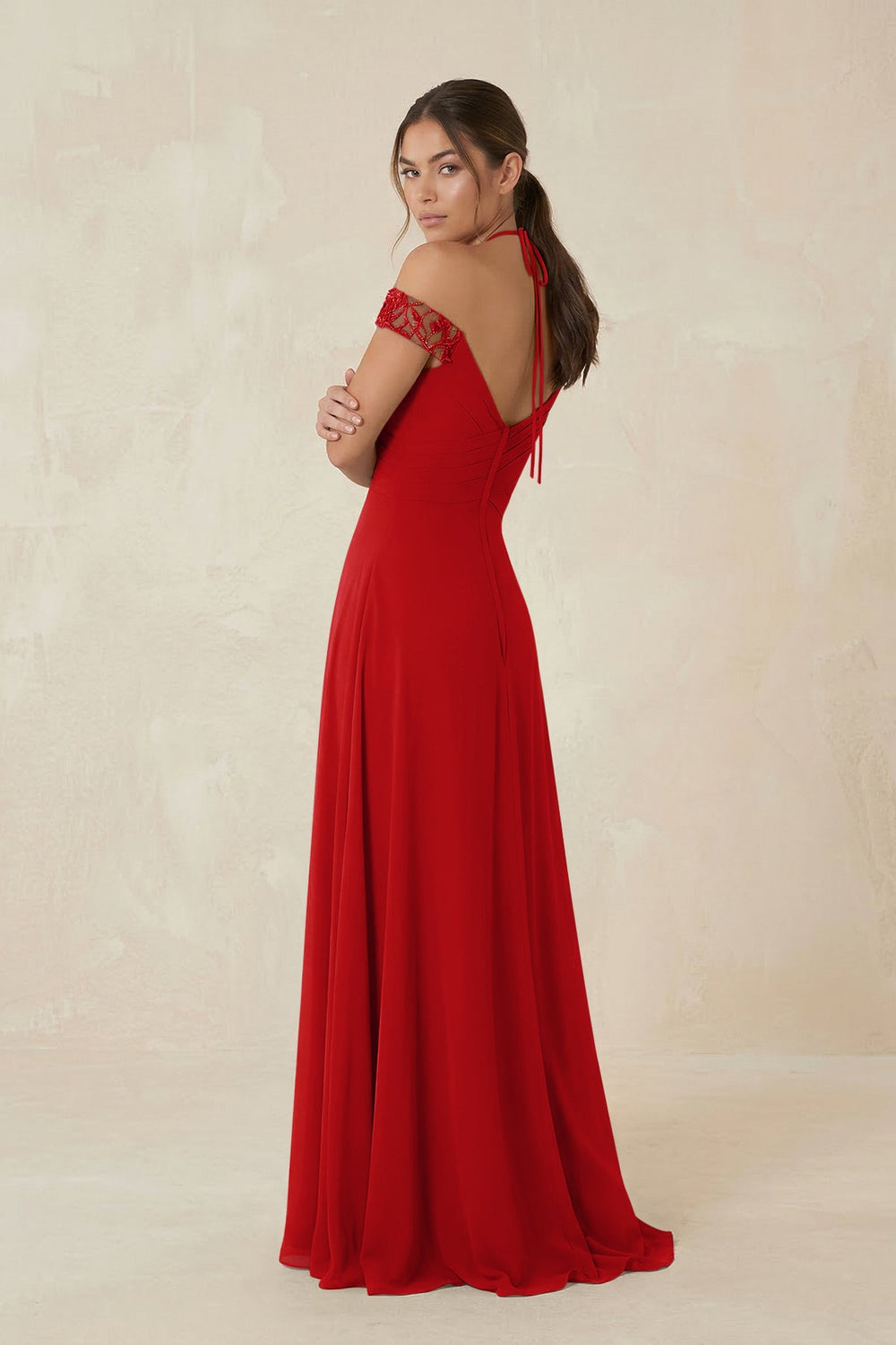 A-Line Off-the-Shoulder Chiffon Bridesmaid Dress in Ruby Red - KISS BRIDAL BRIDESMAID DRESSES