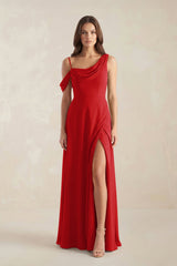 One-Shoulder Chiffon A-Line Bridesmaid Dress in Ruby Red - KISS BRIDAL BRIDESMAID DRESSES