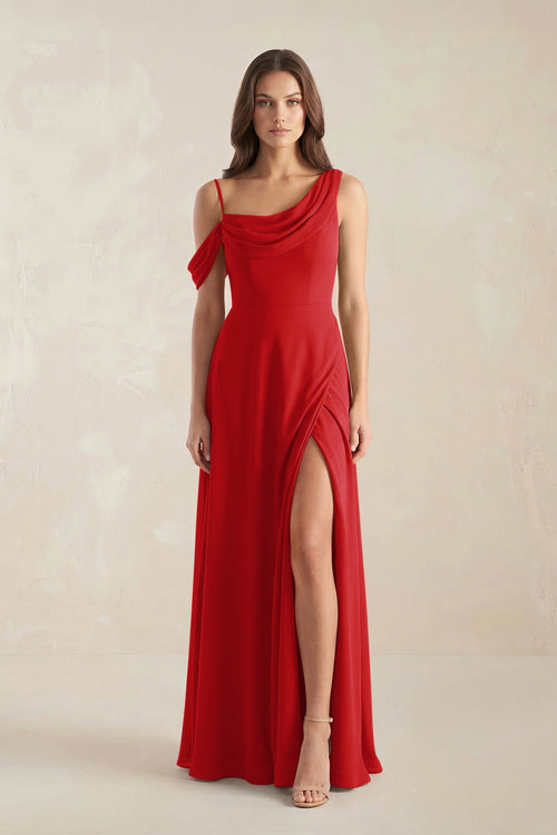 One-Shoulder Chiffon A-Line Bridesmaid Dress in Ruby Red - SHE IS ME BRIDESMAID DRESSES