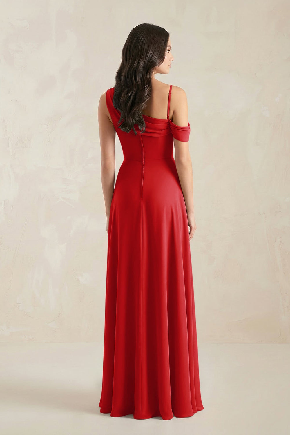 One-Shoulder Chiffon A-Line Bridesmaid Dress in Ruby Red - KISS BRIDAL BRIDESMAID DRESSES