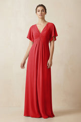 Short Sleeve V-Neck Chiffon A-Line Bridesmaid Dress in Ruby Red - KISS BRIDAL BRIDESMAID DRESSES
