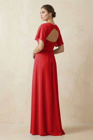 Short Sleeve V-Neck Chiffon A-Line Bridesmaid Dress in Ruby Red - SHE IS ME BRIDESMAID DRESSES