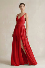 A-Line Spaghetti Strap Chiffon Bridesmaid Dress in Ruby Red - KISS BRIDAL BRIDESMAID DRESSES