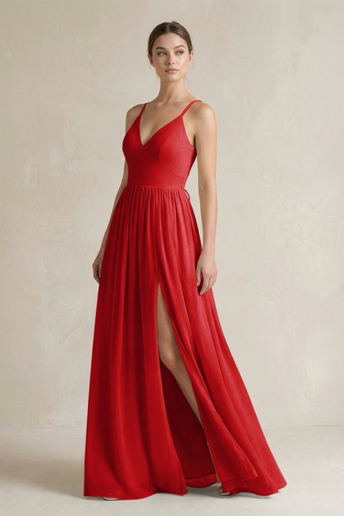 A-Line Spaghetti Strap Chiffon Bridesmaid Dress in Ruby Red - SHE IS ME BRIDESMAID DRESSES
