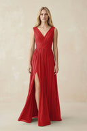 V-Neck Chiffon Pleated A-Line Bridesmaid Dress in Ruby Red - SHE IS ME BRIDESMAID DRESSES