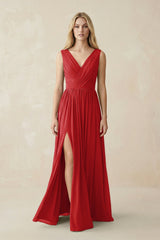 V-Neck Chiffon Pleated A-Line Bridesmaid Dress in Ruby Red - KISS BRIDAL BRIDESMAID DRESSES