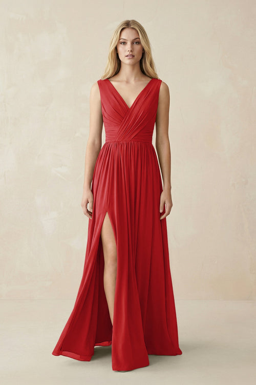 V-Neck Chiffon Pleated A-Line Bridesmaid Dress in Ruby Red - SHE IS ME BRIDESMAID DRESSES