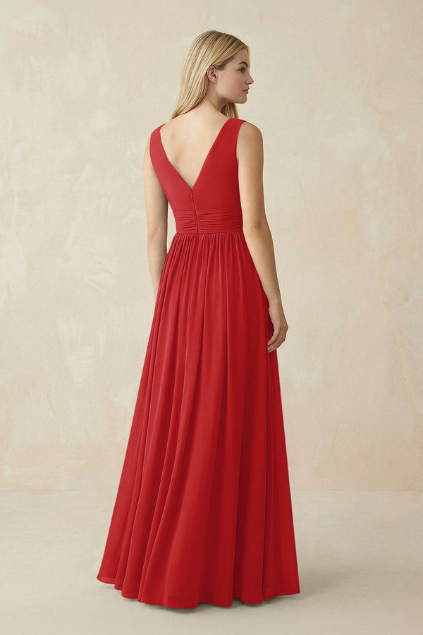 V-Neck Chiffon Pleated A-Line Bridesmaid Dress in Ruby Red - SHE IS ME BRIDESMAID DRESSES