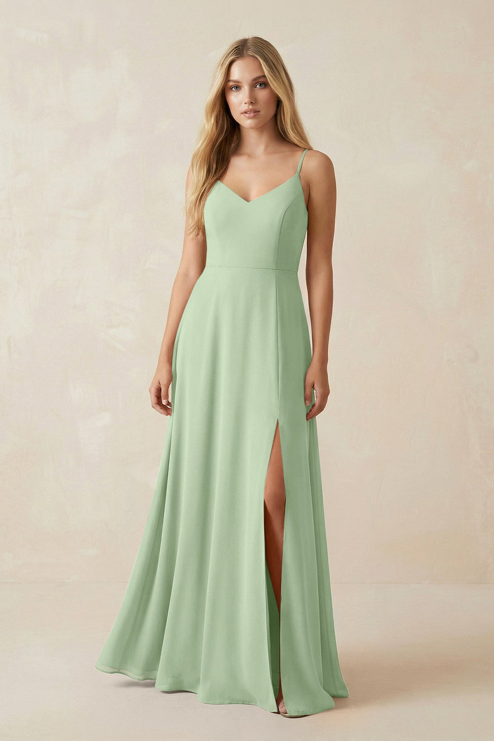Cami Strap A-Line Chiffon Bridesmaid Dress with Slit in Sage - KISS BRIDAL BRIDESMAID DRESSES