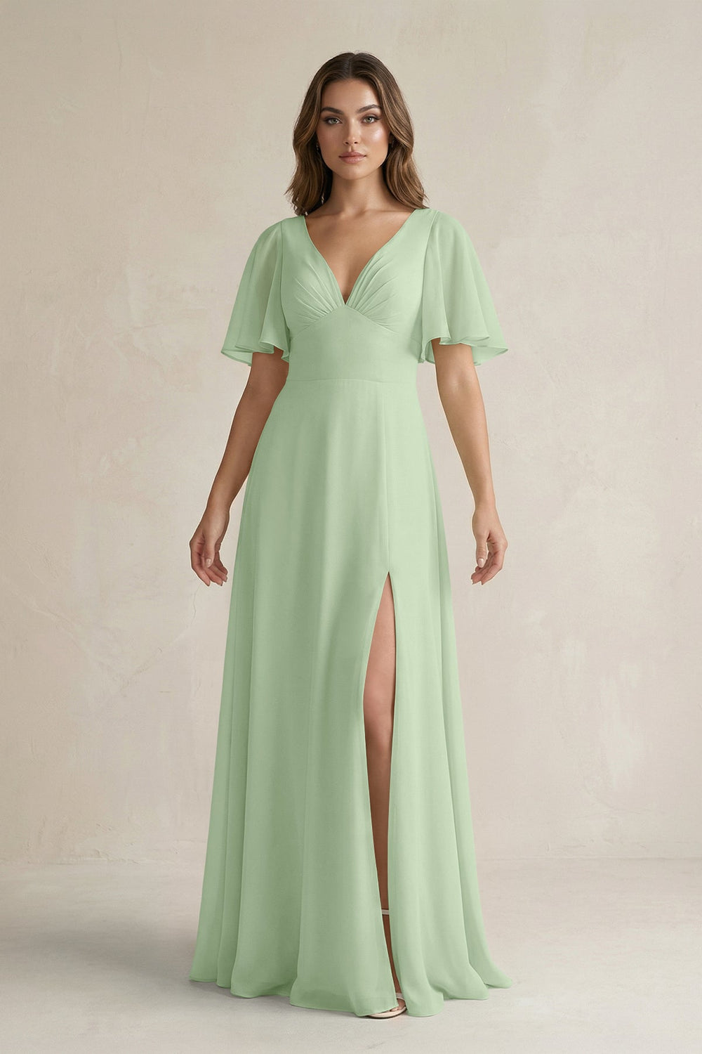 Flutter Sleeve V-Neck A-Line Chiffon Bridesmaid Dress in Sage