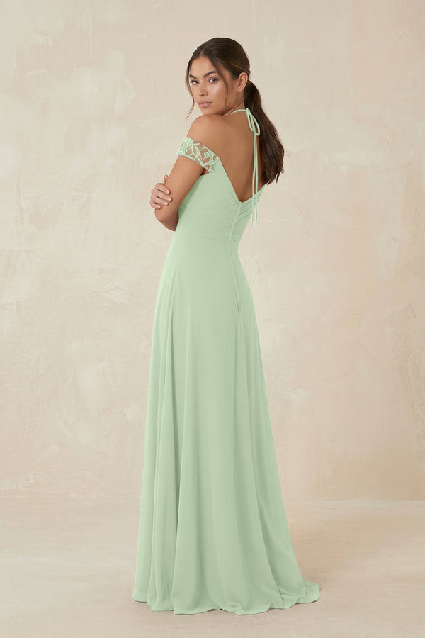 A-Line Off-the-Shoulder Chiffon Bridesmaid Dress in Sage - KISS BRIDAL BRIDESMAID DRESSES