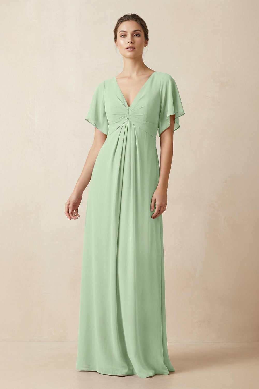Short Sleeve V-Neck Chiffon A-Line Bridesmaid Dress in Sage - KISS BRIDAL BRIDESMAID DRESSES