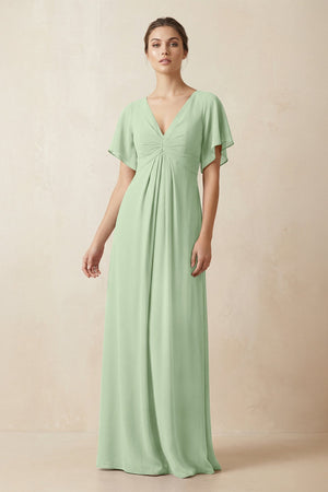 Short Sleeve V-Neck Chiffon A-Line Bridesmaid Dress in Sage - SHE IS ME BRIDESMAID DRESSES