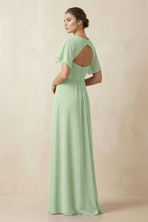 Short Sleeve V-Neck Chiffon A-Line Bridesmaid Dress in Sage - SHE IS ME BRIDESMAID DRESSES