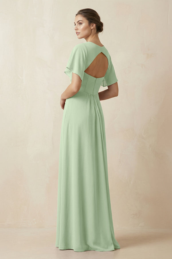 Short Sleeve V-Neck Chiffon A-Line Bridesmaid Dress in Sage - SHE IS ME BRIDESMAID DRESSES