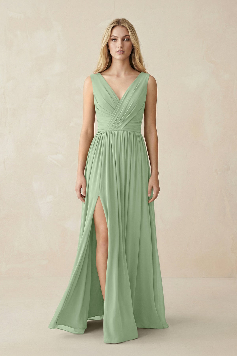 V-Neck Chiffon Pleated A-Line Bridesmaid Dress in Sage - KISS BRIDAL BRIDESMAID DRESSES