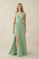 V-Neck Chiffon Pleated A-Line Bridesmaid Dress in Sage - SHE IS ME BRIDESMAID DRESSES