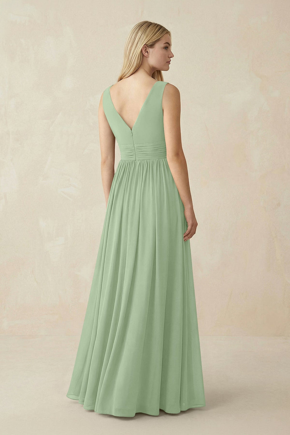 V-Neck Chiffon Pleated A-Line Bridesmaid Dress in Sage - KISS BRIDAL BRIDESMAID DRESSES