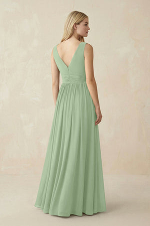 V-Neck Chiffon Pleated A-Line Bridesmaid Dress in Sage - SHE IS ME BRIDESMAID DRESSES