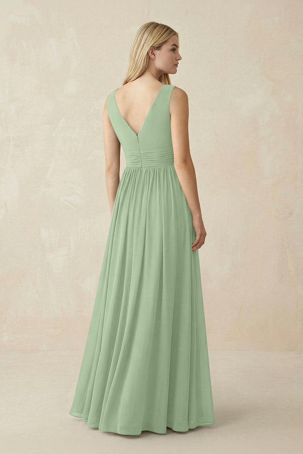 V-Neck Chiffon Pleated A-Line Bridesmaid Dress in Sage - SHE IS ME BRIDESMAID DRESSES
