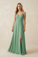 Cami Strap A-Line Chiffon Bridesmaid Dress with Slit in Sea Glass - SHE IS ME BRIDESMAID DRESSES