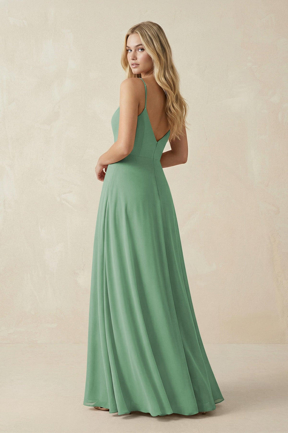 Cami Strap A-Line Chiffon Bridesmaid Dress with Slit in Sea Glass - KISS BRIDAL BRIDESMAID DRESSES