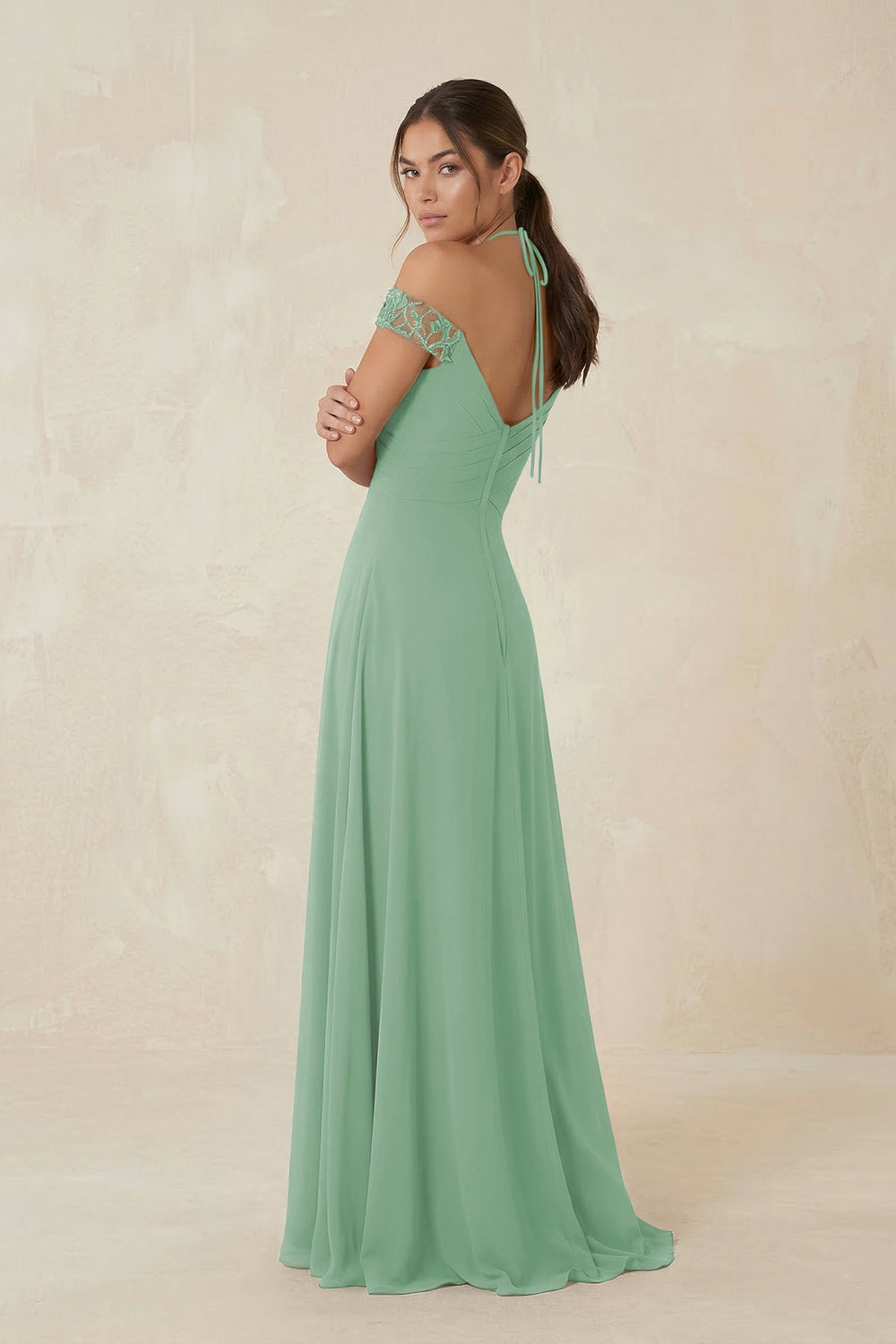 A-Line Off-the-Shoulder Chiffon Bridesmaid Dress in Sea Glass - KISS BRIDAL BRIDESMAID DRESSES