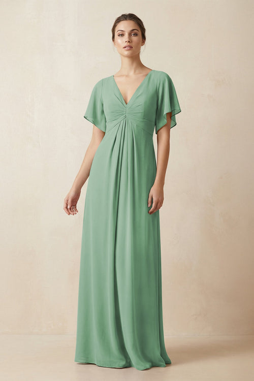 Short Sleeve V-Neck Chiffon A-Line Bridesmaid Dress in Sea Glass - SHE IS ME BRIDESMAID DRESSES