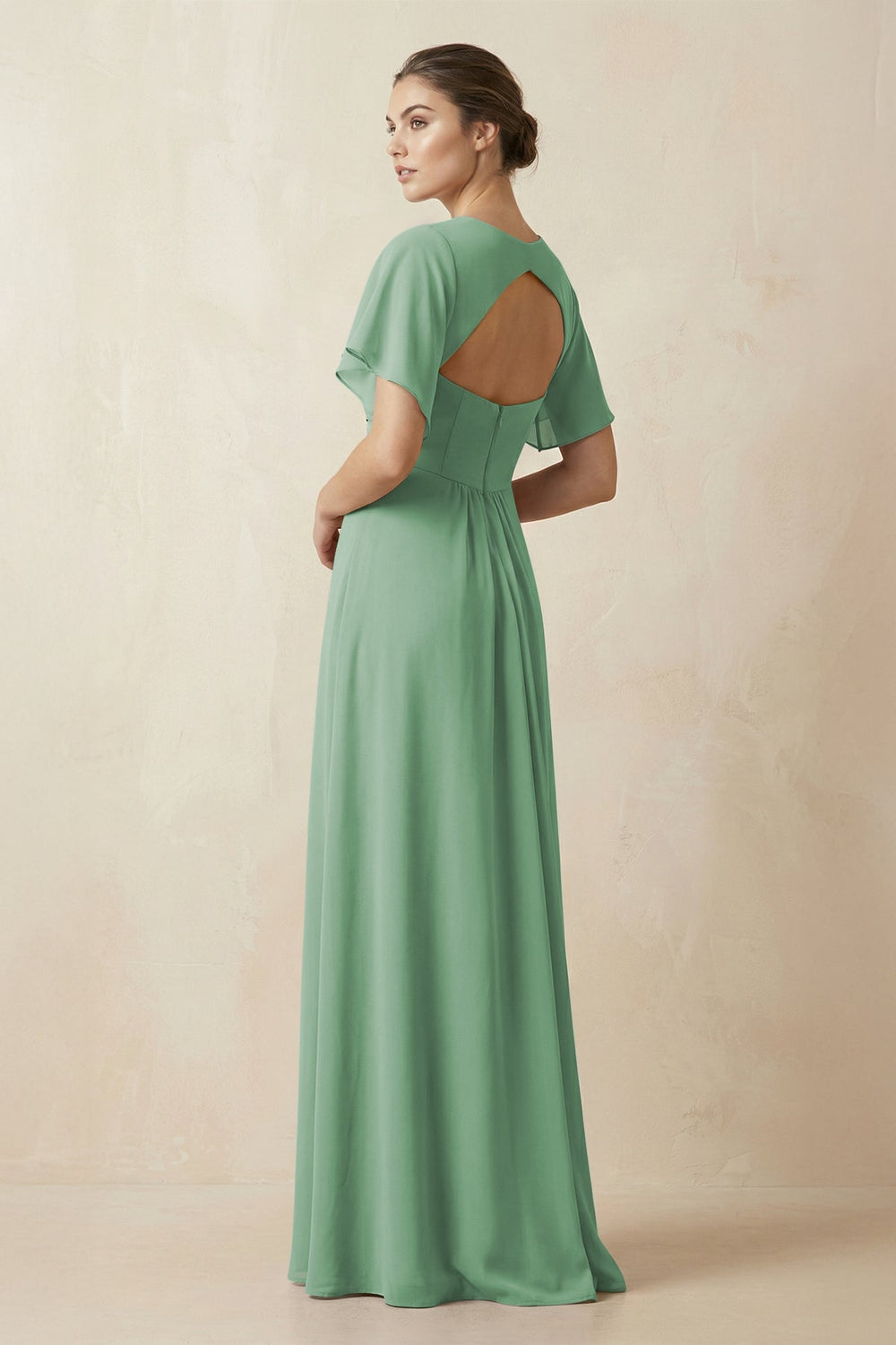 Short Sleeve V-Neck Chiffon A-Line Bridesmaid Dress in Sea Glass - KISS BRIDAL BRIDESMAID DRESSES
