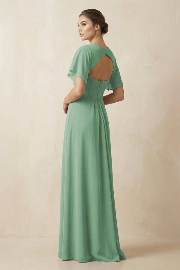 Short Sleeve V-Neck Chiffon A-Line Bridesmaid Dress in Sea Glass - SHE IS ME BRIDESMAID DRESSES