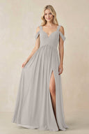 Chiffon A-Line Bridesmaid Dress with Slit  in Silver - SHE IS ME BRIDESMAID DRESSES