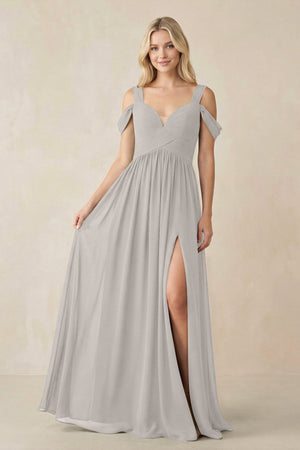 Chiffon A-Line Bridesmaid Dress with Slit  in Silver - SHE IS ME BRIDESMAID DRESSES