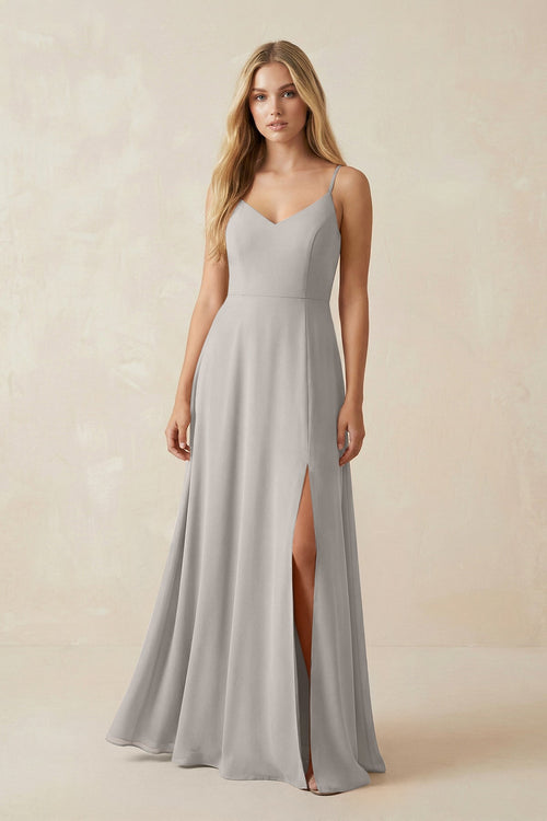 Cami Strap A-Line Chiffon Bridesmaid Dress with Slit in Silver - SHE IS ME BRIDESMAID DRESSES