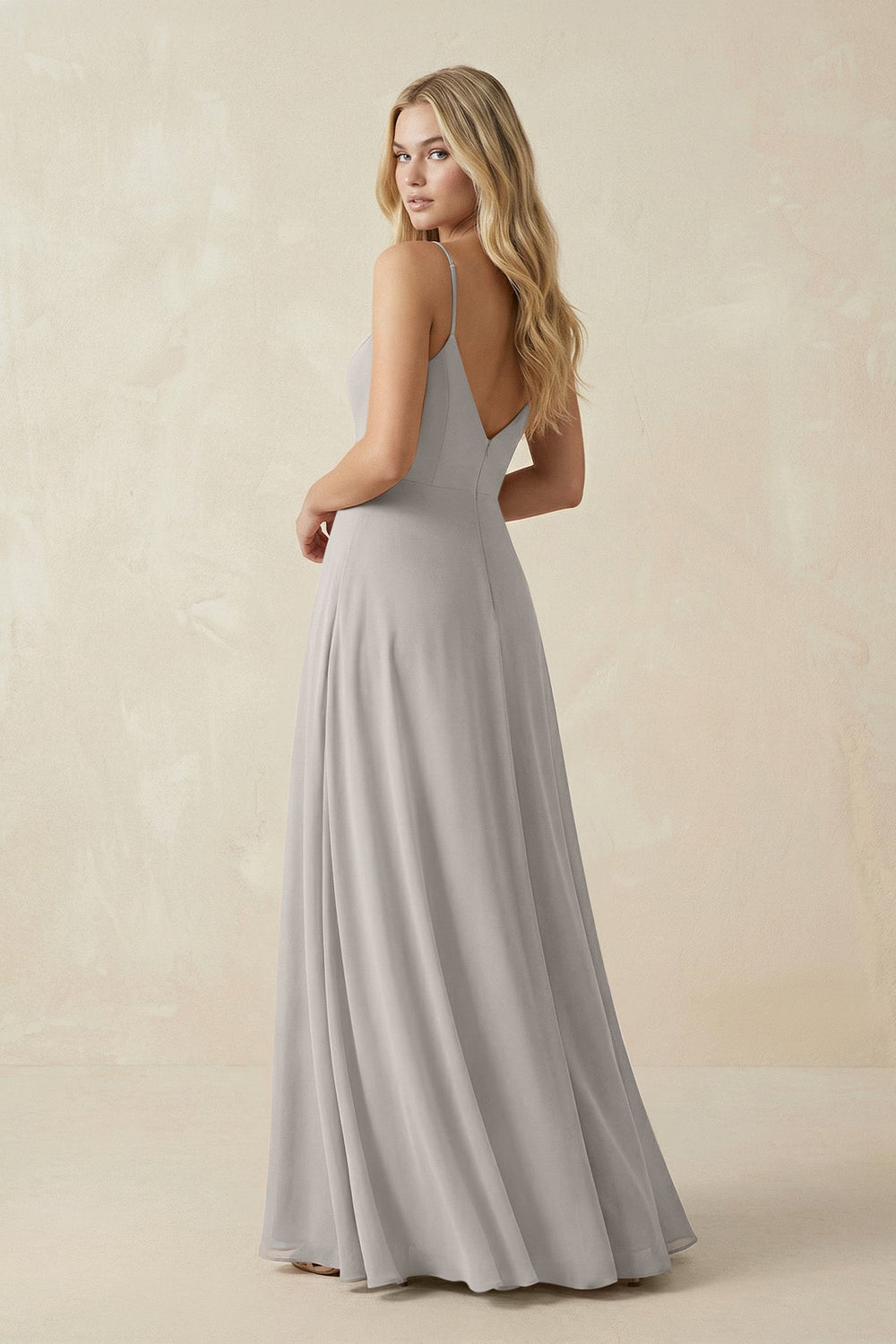 Cami Strap A-Line Chiffon Bridesmaid Dress with Slit in Silver - KISS BRIDAL BRIDESMAID DRESSES
