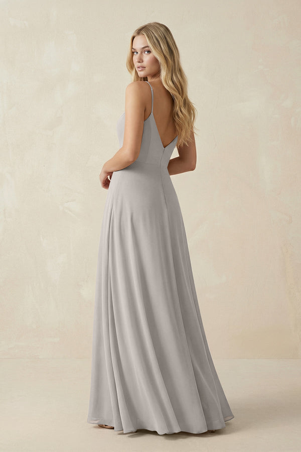 Cami Strap A-Line Chiffon Bridesmaid Dress with Slit in Silver - SHE IS ME BRIDESMAID DRESSES