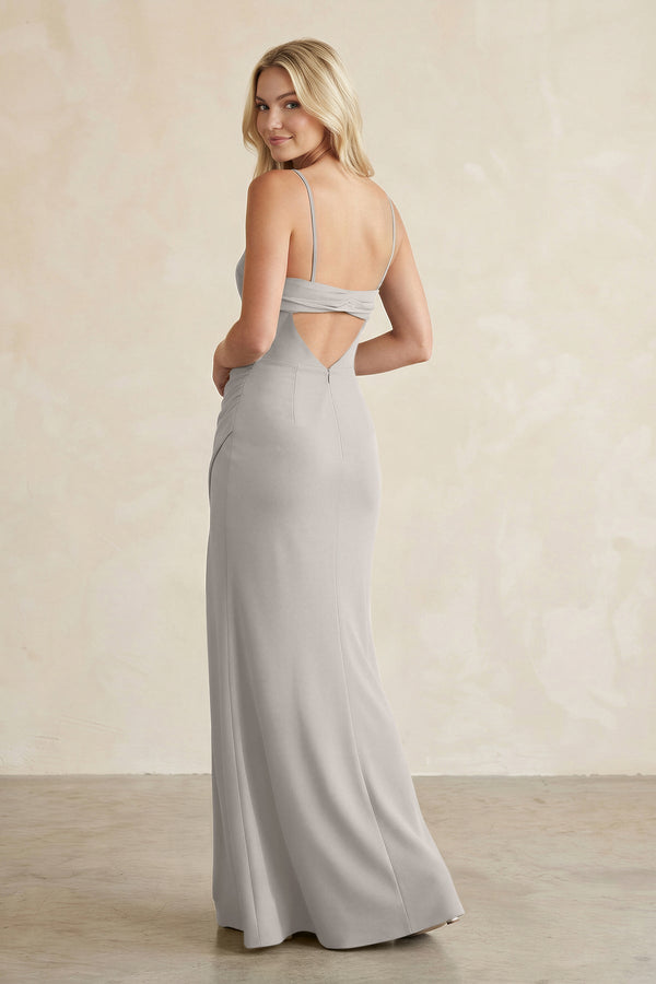 Cami Strap Chiffon Sheath Bridesmaid Dress with Slit in Silver - SHE IS ME BRIDESMAID DRESSES