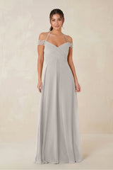 A-Line Off-the-Shoulder Chiffon Bridesmaid Dress in Silver - KISS BRIDAL BRIDESMAID DRESSES