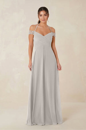 A-Line Off-the-Shoulder Chiffon Bridesmaid Dress in Silver - SHE IS ME BRIDESMAID DRESSES